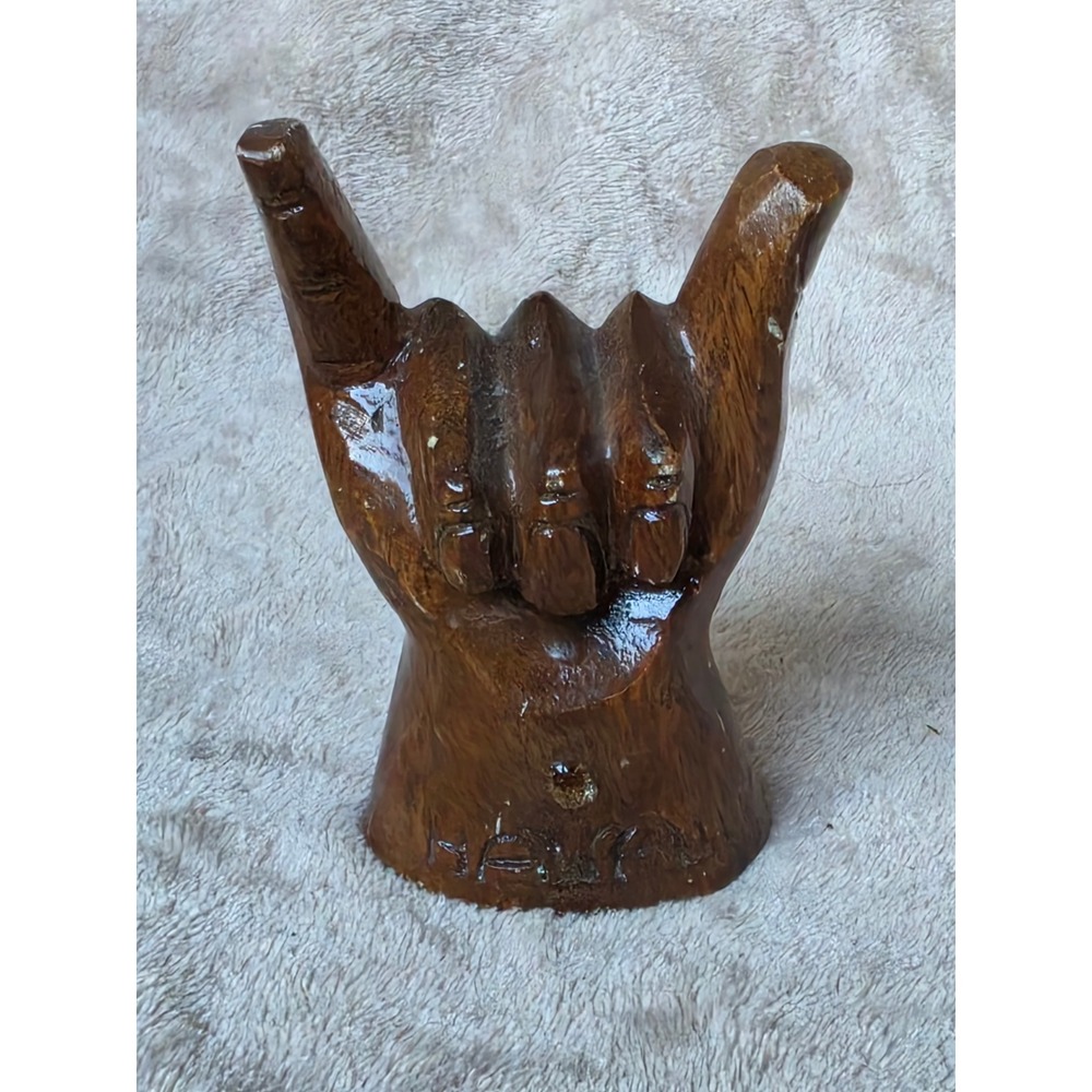 Vintage Hand Carved Wood Shaka Hang Loose Hawaii Figurine Sculpture Brown